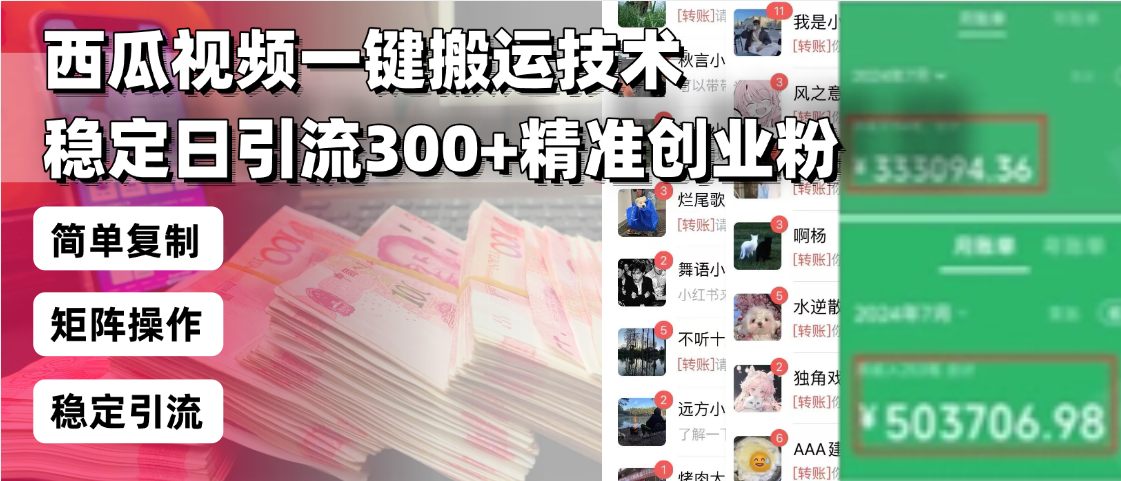 （13961期）西瓜视频一键搬运技术，稳定日引流300+精准创业粉，简单可复制给团队，…-搞钱专业户