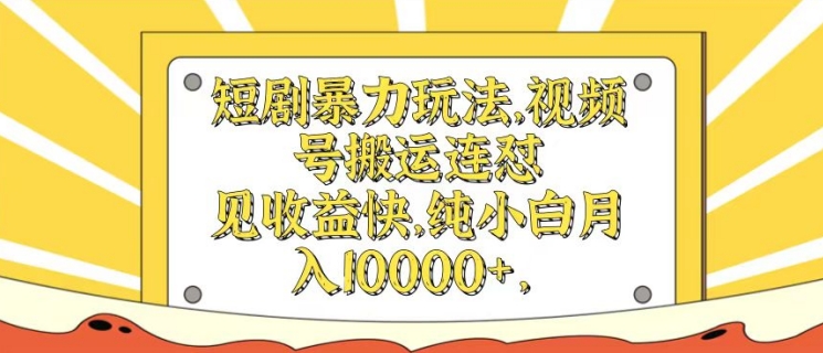 短剧暴力玩法，视频号搬运连怼，见收益快，纯小白月入1w-搞钱专业户