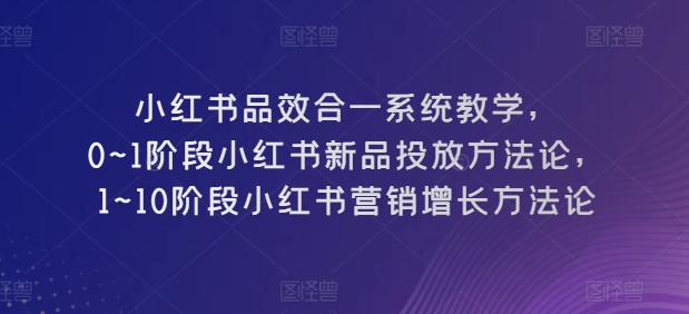 小红书品效合一系统教学，0~1阶段小红书新品投放方法论，1~10阶段小红书营销增长方法论-搞钱专业户