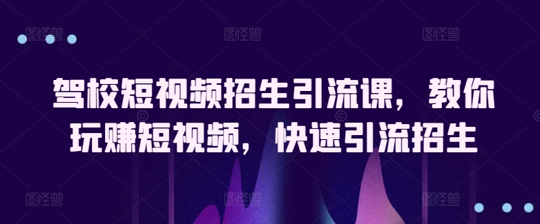 驾校短视频招生引流课，教你玩赚短视频，快速引流招生-搞钱专业户