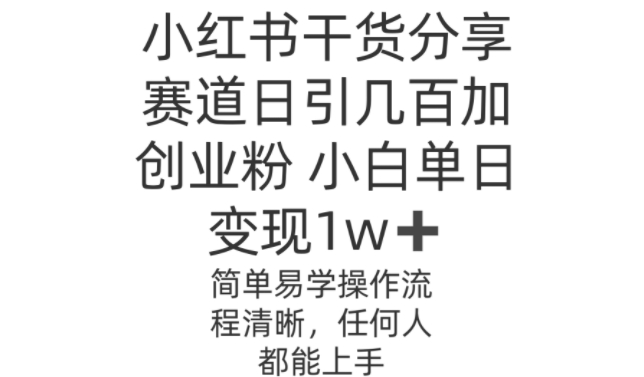 小红书干货分享赛道日引几百创业粉，操作简单-搞钱专业户