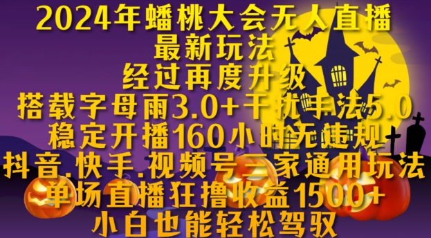 2024年蟠桃大会无人直播最新玩法，稳定开播160小时无违规，抖音、快手、视频号三家通用玩法【揭秘】-搞钱专业户