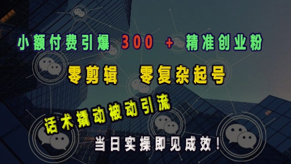 小额付费引爆 300 + 精准创业粉，零剪辑、零复杂起号，话术撬动被动引流，当日实操即见成效-搞钱专业户