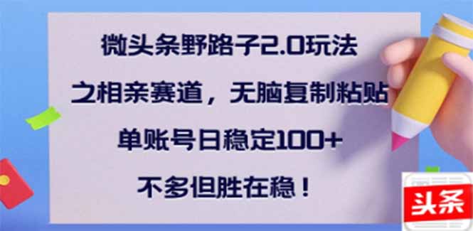 （14334期）微头条野路子2.0玩法之相亲赛道，无脑搬砖复制粘贴，单账号日稳定300+…-搞钱专业户