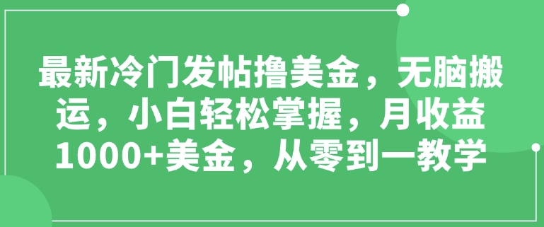 最新冷门发帖撸美金，无脑搬运，小白轻松掌握，月收益1000+美金，从零到一教学-搞钱专业户