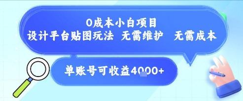 0成本小白项目，设计平台贴图玩法，无需维护，无需成本，单账号单月可产生收益4k+-搞钱专业户