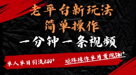 老平台，新玩法，简单操作，一分钟一条视频，单人单人引流200+矩阵操作，单月变现过w-搞钱专业户