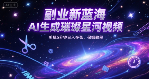 副业新蓝海，AI生成璀璨星河视频，剪辑5分钟日入多张，保姆教程-搞钱专业户