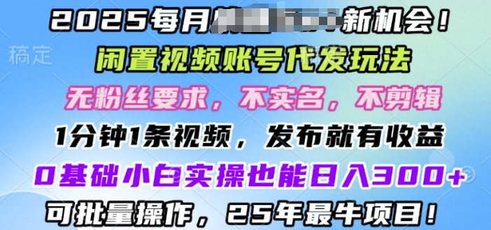 2025闲置视频账号一键代发玩法，0粉不实名不剪辑，领了视频直接发，0基础小白也能日入3张-搞钱专业户