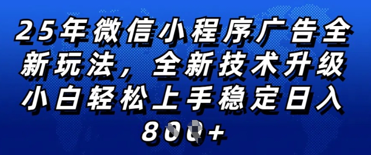 2025年微信小程序全新玩法纯小白易上手，稳定日入多张，技术全新升级，全网首发【揭秘】-搞钱专业户