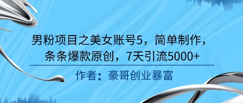 男粉项目之美女账号5，简单制作，条条爆款原创，7天引流5000+-搞钱专业户