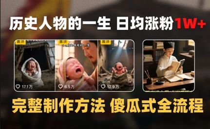 历史人物的一生 日均涨粉1W+，完整制作方法 傻瓜式全流程-搞钱专业户