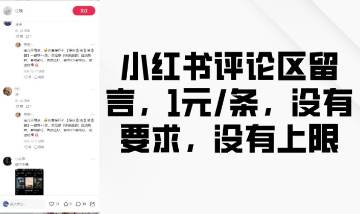 小红书评论区留言，1元条，没有要求，没有上限-搞钱专业户