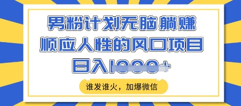 男粉计划无脑躺Z，顺应人性的风口项目，谁发谁火，加爆微信，日入多张【揭秘】-搞钱专业户