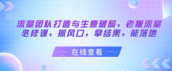 流量团队打造与生意破局，老板流量必修课，抓风口，拿结果，能落地-搞钱专业户