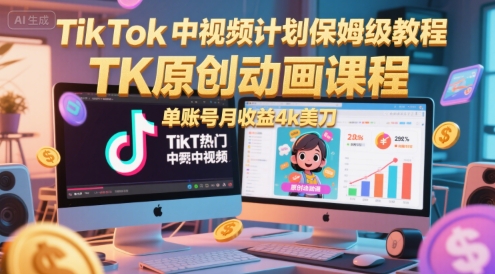 TikTok中视频计划保姆级教程，TK原创动画课程，单账号月收益4k美刀-搞钱专业户