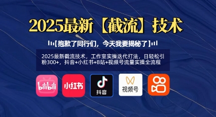 2025最新截流技术，工作室实操迭代打法，日轻松引粉300+，抖音+小红书+B站+视频号流量实操全流程-搞钱专业户