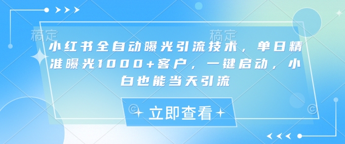 小红书全自动曝光引流技术，单日精准曝光1000+客户，一键启动，小白也能当天引流【揭秘】-搞钱专业户